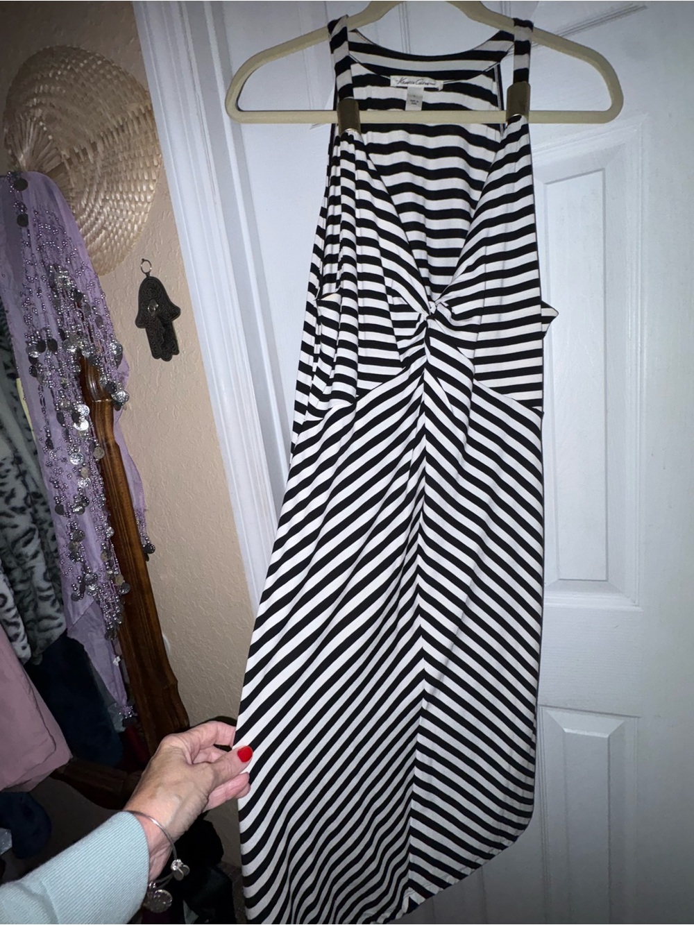 Cute & Comfy Black and White Striped Twist-Front Midi Dress